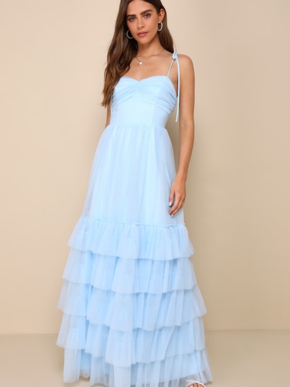 Lulus Endlessly Darling Light Blue Mesh Tiered Tie-strap Maxi Dress - Size L